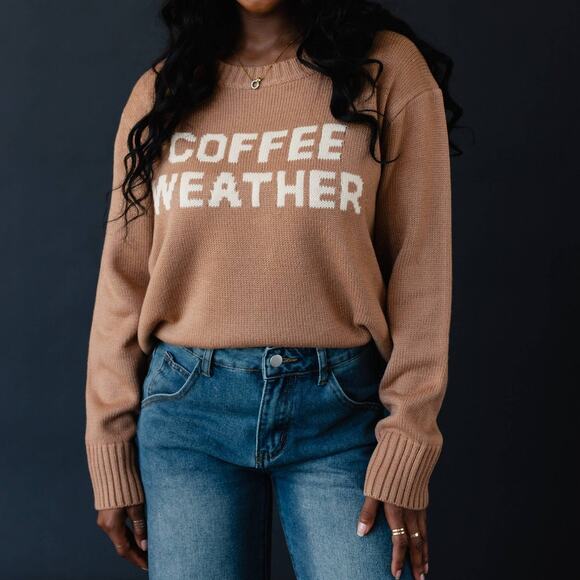 Brown Cream Graphic Coffee Weather Long Sleeve Sweater - Picture 5 of 5